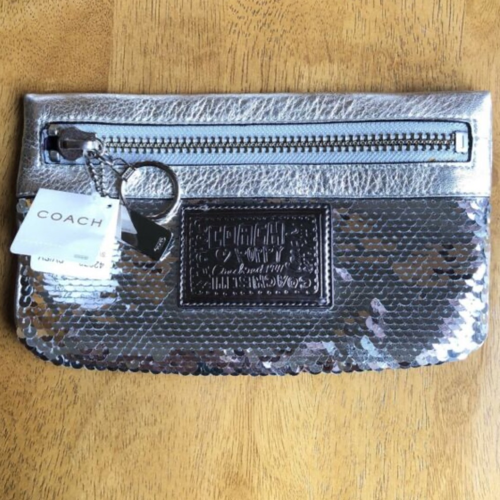 Coach silver sequin zipper clutch